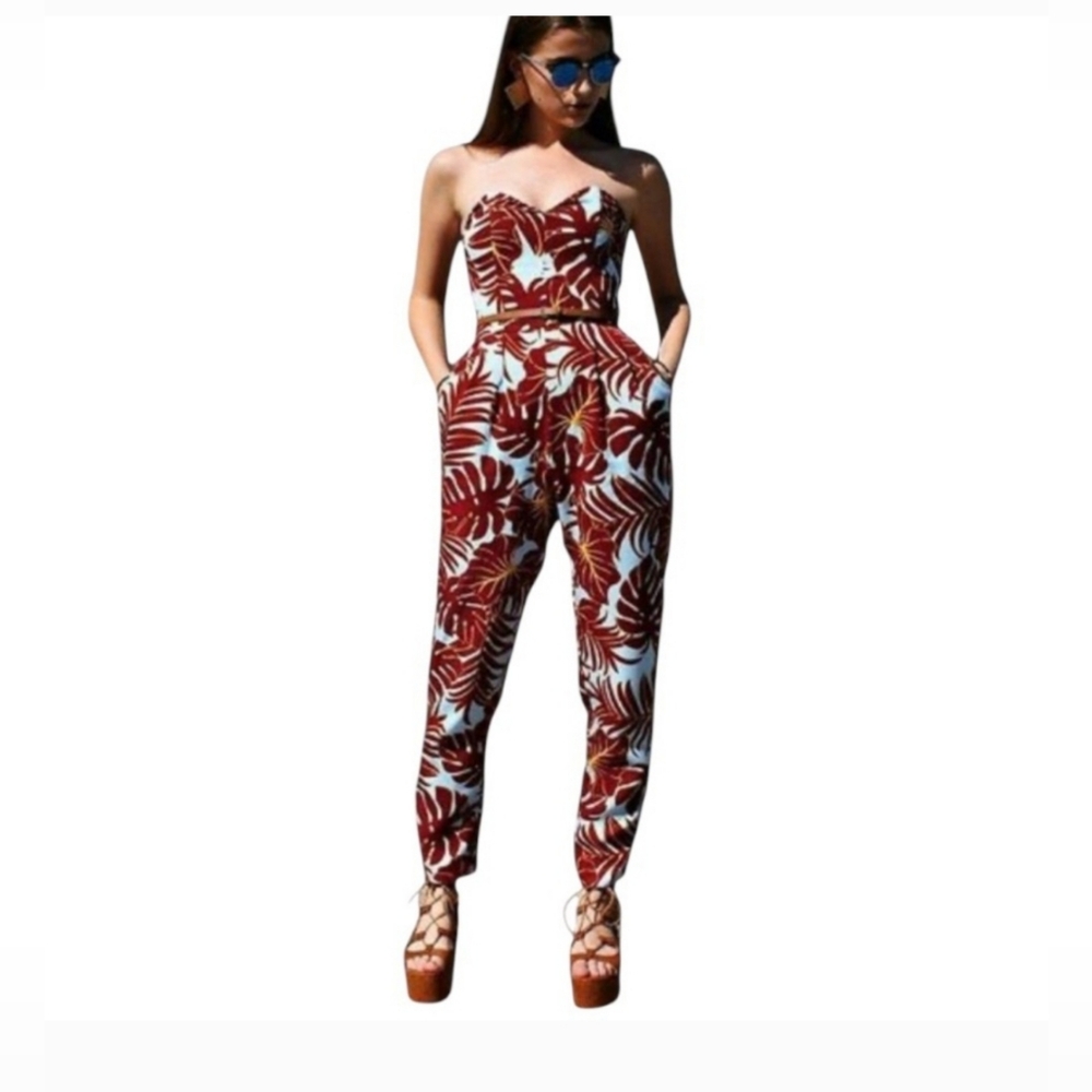 H&M Strapless Leaf Print Jumpsuit W. Povkets - Wine, Yellow and Light Blue